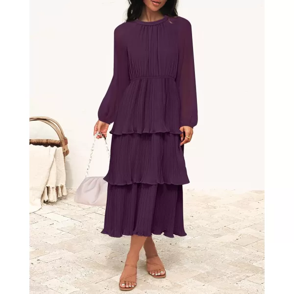 imageZESICA Womens 2024 Long Sleeve Crew Neck Ruffle Tiered Layered Chiffon Flowy Swing Long Midi DressDarkpurple