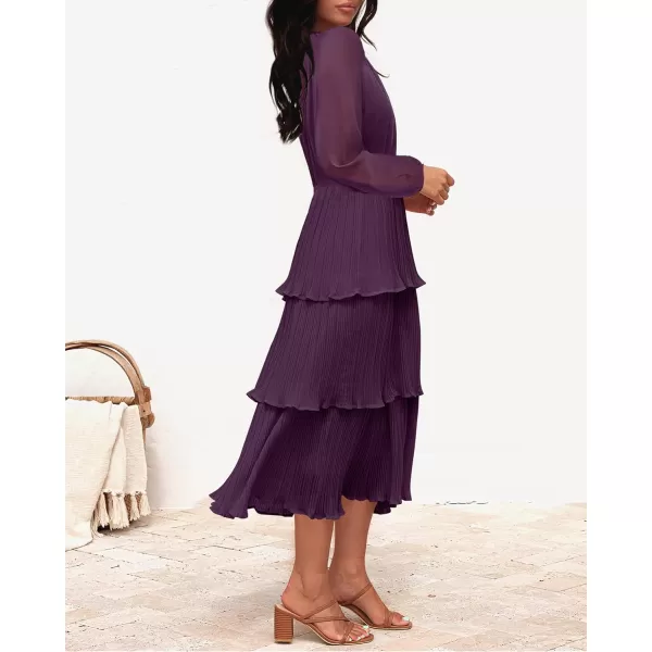 imageZESICA Womens 2024 Long Sleeve Crew Neck Ruffle Tiered Layered Chiffon Flowy Swing Long Midi DressDarkpurple