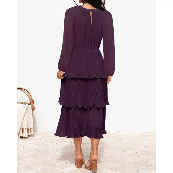 imageZESICA Womens 2024 Long Sleeve Crew Neck Ruffle Tiered Layered Chiffon Flowy Swing Long Midi DressDarkpurple