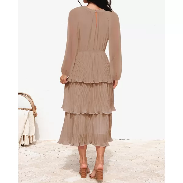 imageZESICA Womens 2024 Long Sleeve Crew Neck Ruffle Tiered Layered Chiffon Flowy Swing Long Midi DressKhaki
