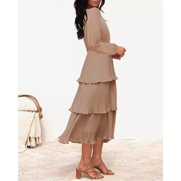 imageZESICA Womens 2024 Long Sleeve Crew Neck Ruffle Tiered Layered Chiffon Flowy Swing Long Midi DressKhaki