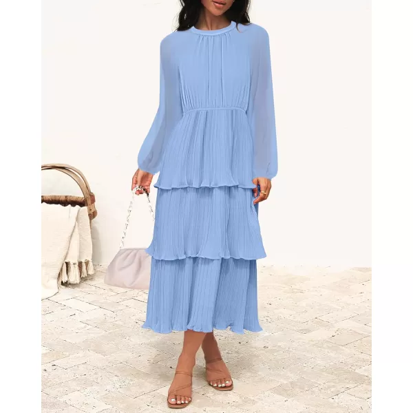 imageZESICA Womens 2024 Long Sleeve Crew Neck Ruffle Tiered Layered Chiffon Flowy Swing Long Midi DressLightblue