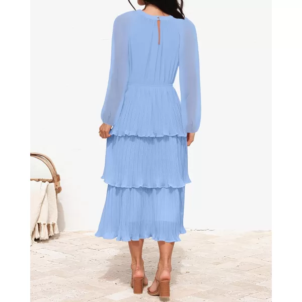 imageZESICA Womens 2024 Long Sleeve Crew Neck Ruffle Tiered Layered Chiffon Flowy Swing Long Midi DressLightblue