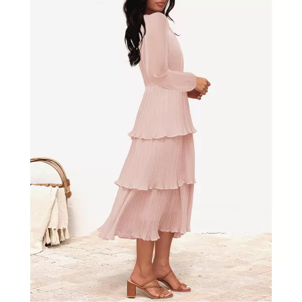 imageZESICA Womens 2024 Long Sleeve Crew Neck Ruffle Tiered Layered Chiffon Flowy Swing Long Midi DressPink