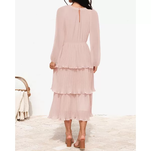 imageZESICA Womens 2024 Long Sleeve Crew Neck Ruffle Tiered Layered Chiffon Flowy Swing Long Midi DressPink
