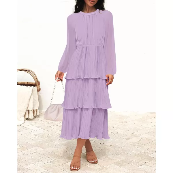 imageZESICA Womens 2024 Long Sleeve Crew Neck Ruffle Tiered Layered Chiffon Flowy Swing Long Midi DressPurple