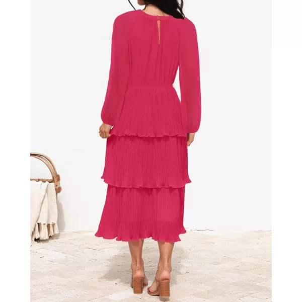 imageZESICA Womens 2024 Long Sleeve Crew Neck Ruffle Tiered Layered Chiffon Flowy Swing Long Midi DressRose