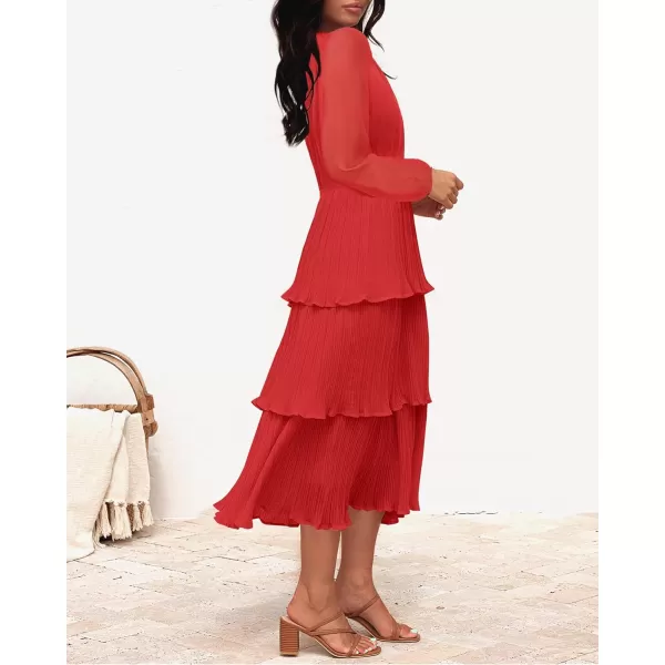 imageZESICA Womens 2024 Long Sleeve Crew Neck Ruffle Tiered Layered Chiffon Flowy Swing Long Midi DressWatermelon