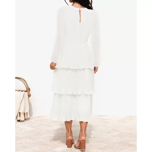 imageZESICA Womens 2024 Long Sleeve Crew Neck Ruffle Tiered Layered Chiffon Flowy Swing Long Midi DressWhite