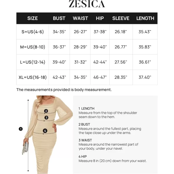 imageZESICA Womens 2024 Sexy Ruched Bodycon Midi Dress Long Puff Sleeve Square Neck Backless Cocktail Party Wedding DressesApricot