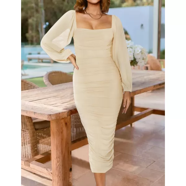 imageZESICA Womens 2024 Sexy Ruched Bodycon Midi Dress Long Puff Sleeve Square Neck Backless Cocktail Party Wedding DressesApricot