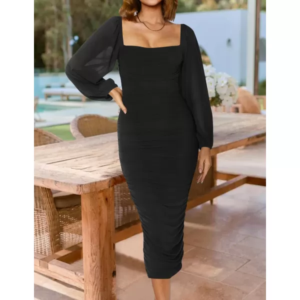 imageZESICA Womens 2024 Sexy Ruched Bodycon Midi Dress Long Puff Sleeve Square Neck Backless Cocktail Party Wedding DressesBlack