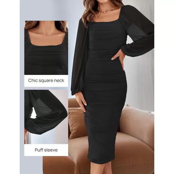 imageZESICA Womens 2024 Sexy Ruched Bodycon Midi Dress Long Puff Sleeve Square Neck Backless Cocktail Party Wedding DressesBlack