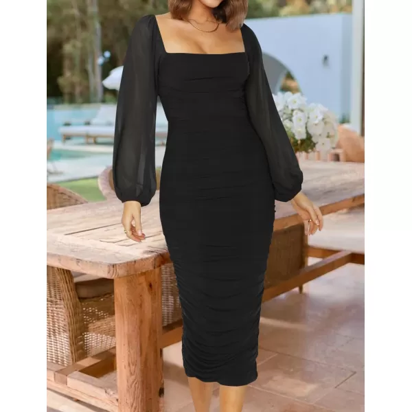 imageZESICA Womens 2024 Sexy Ruched Bodycon Midi Dress Long Puff Sleeve Square Neck Backless Cocktail Party Wedding DressesBlack
