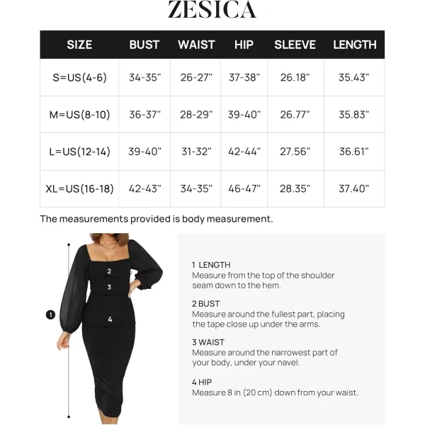imageZESICA Womens 2024 Sexy Ruched Bodycon Midi Dress Long Puff Sleeve Square Neck Backless Cocktail Party Wedding DressesBlack
