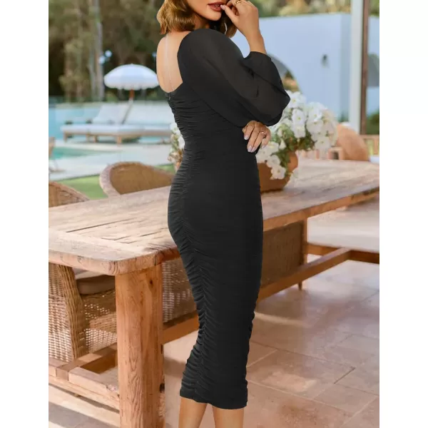 imageZESICA Womens 2024 Sexy Ruched Bodycon Midi Dress Long Puff Sleeve Square Neck Backless Cocktail Party Wedding DressesBlack