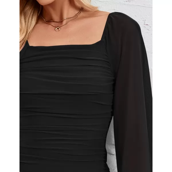 imageZESICA Womens 2024 Sexy Ruched Bodycon Midi Dress Long Puff Sleeve Square Neck Backless Cocktail Party Wedding DressesBlack