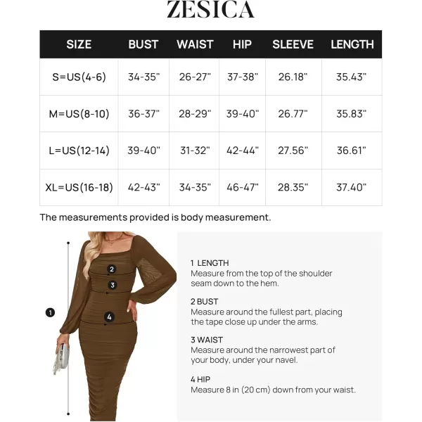 imageZESICA Womens 2024 Sexy Ruched Bodycon Midi Dress Long Puff Sleeve Square Neck Backless Cocktail Party Wedding DressesBrown