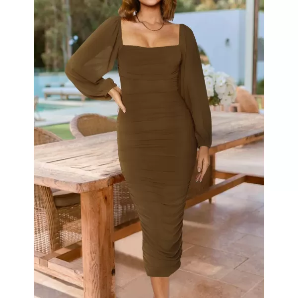 imageZESICA Womens 2024 Sexy Ruched Bodycon Midi Dress Long Puff Sleeve Square Neck Backless Cocktail Party Wedding DressesBrown
