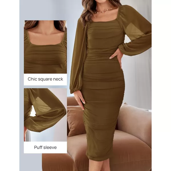 imageZESICA Womens 2024 Sexy Ruched Bodycon Midi Dress Long Puff Sleeve Square Neck Backless Cocktail Party Wedding DressesBrown