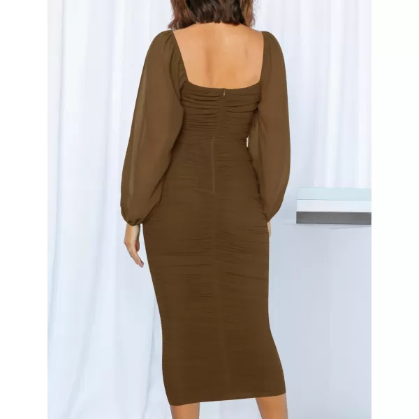 imageZESICA Womens 2024 Sexy Ruched Bodycon Midi Dress Long Puff Sleeve Square Neck Backless Cocktail Party Wedding DressesBrown