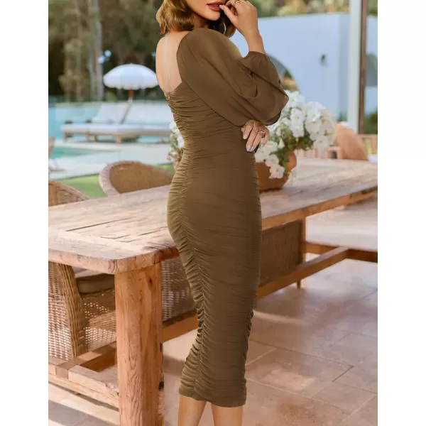 imageZESICA Womens 2024 Sexy Ruched Bodycon Midi Dress Long Puff Sleeve Square Neck Backless Cocktail Party Wedding DressesBrown