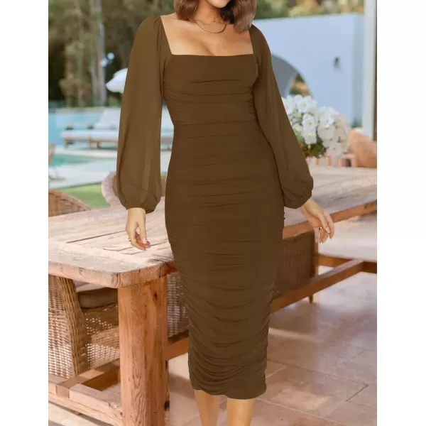 imageZESICA Womens 2024 Sexy Ruched Bodycon Midi Dress Long Puff Sleeve Square Neck Backless Cocktail Party Wedding DressesBrown