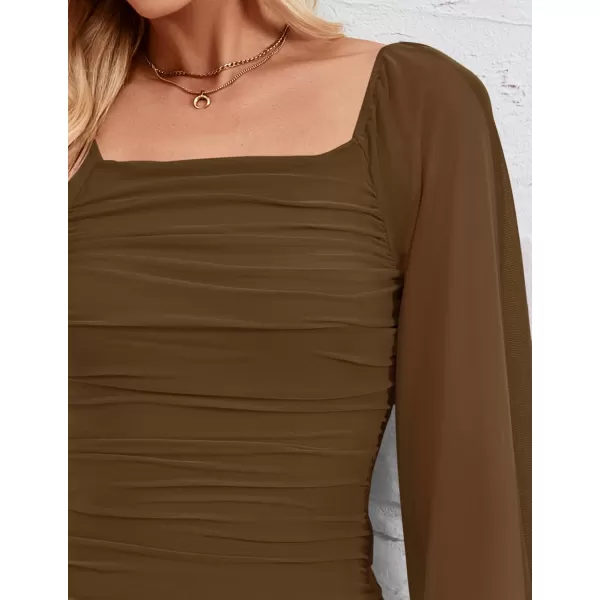 imageZESICA Womens 2024 Sexy Ruched Bodycon Midi Dress Long Puff Sleeve Square Neck Backless Cocktail Party Wedding DressesBrown