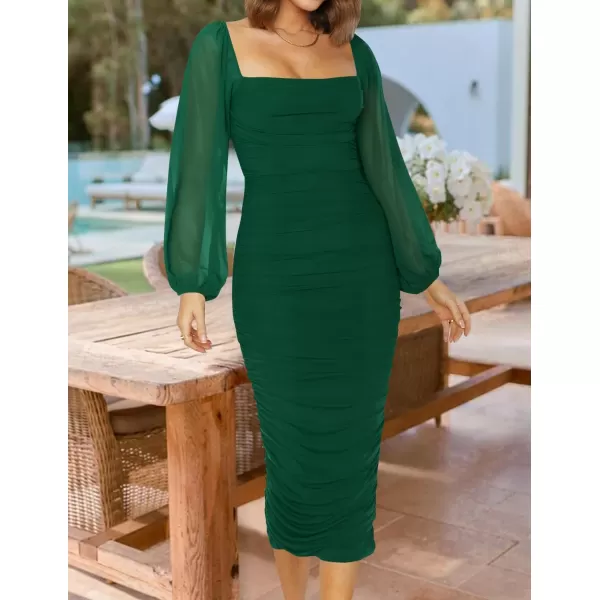 imageZESICA Womens 2024 Sexy Ruched Bodycon Midi Dress Long Puff Sleeve Square Neck Backless Cocktail Party Wedding DressesDarkgreen