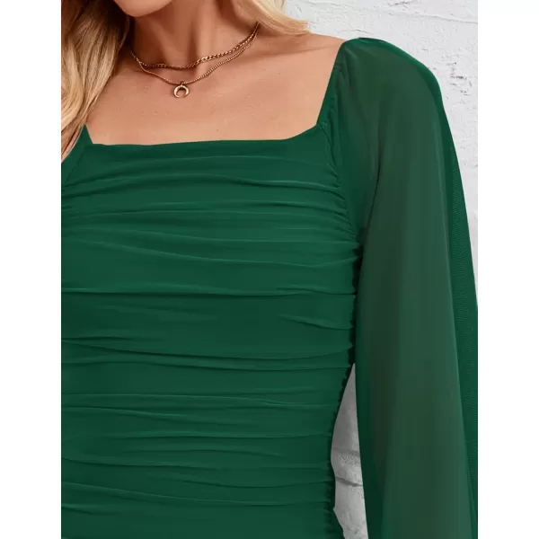 imageZESICA Womens 2024 Sexy Ruched Bodycon Midi Dress Long Puff Sleeve Square Neck Backless Cocktail Party Wedding DressesDarkgreen
