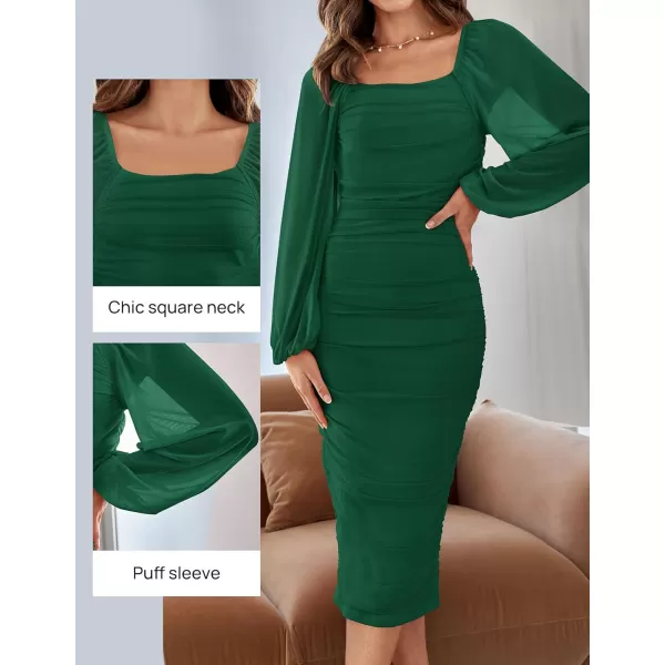 imageZESICA Womens 2024 Sexy Ruched Bodycon Midi Dress Long Puff Sleeve Square Neck Backless Cocktail Party Wedding DressesDarkgreen