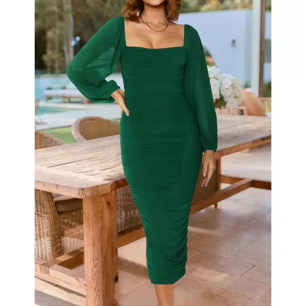 imageZESICA Womens 2024 Sexy Ruched Bodycon Midi Dress Long Puff Sleeve Square Neck Backless Cocktail Party Wedding DressesDarkgreen