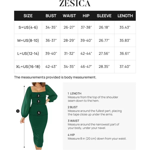 imageZESICA Womens 2024 Sexy Ruched Bodycon Midi Dress Long Puff Sleeve Square Neck Backless Cocktail Party Wedding DressesDarkgreen