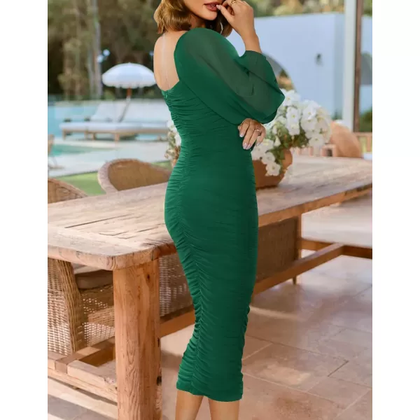 imageZESICA Womens 2024 Sexy Ruched Bodycon Midi Dress Long Puff Sleeve Square Neck Backless Cocktail Party Wedding DressesDarkgreen