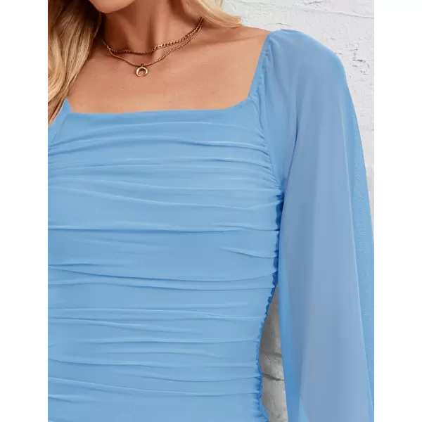 imageZESICA Womens 2024 Sexy Ruched Bodycon Midi Dress Long Puff Sleeve Square Neck Backless Cocktail Party Wedding DressesLightblue