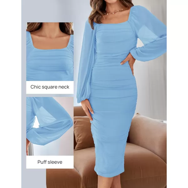 imageZESICA Womens 2024 Sexy Ruched Bodycon Midi Dress Long Puff Sleeve Square Neck Backless Cocktail Party Wedding DressesLightblue