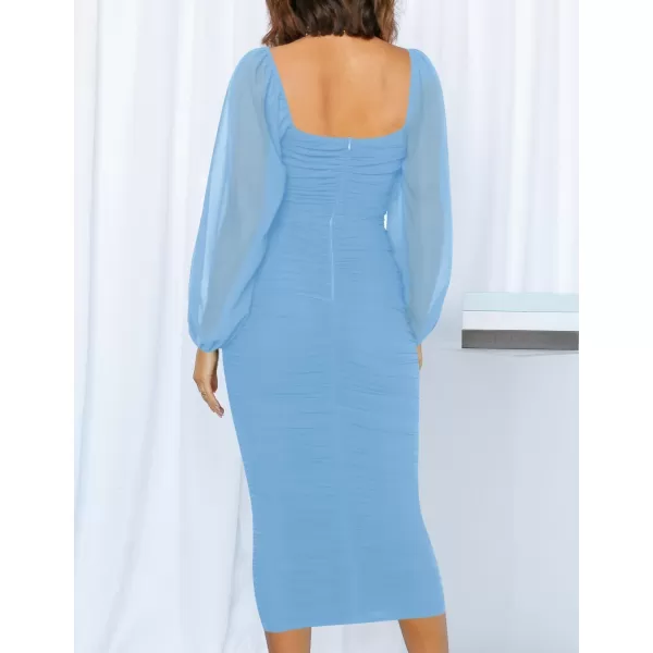 imageZESICA Womens 2024 Sexy Ruched Bodycon Midi Dress Long Puff Sleeve Square Neck Backless Cocktail Party Wedding DressesLightblue