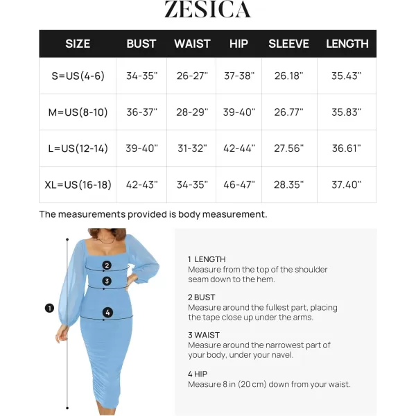 imageZESICA Womens 2024 Sexy Ruched Bodycon Midi Dress Long Puff Sleeve Square Neck Backless Cocktail Party Wedding DressesLightblue