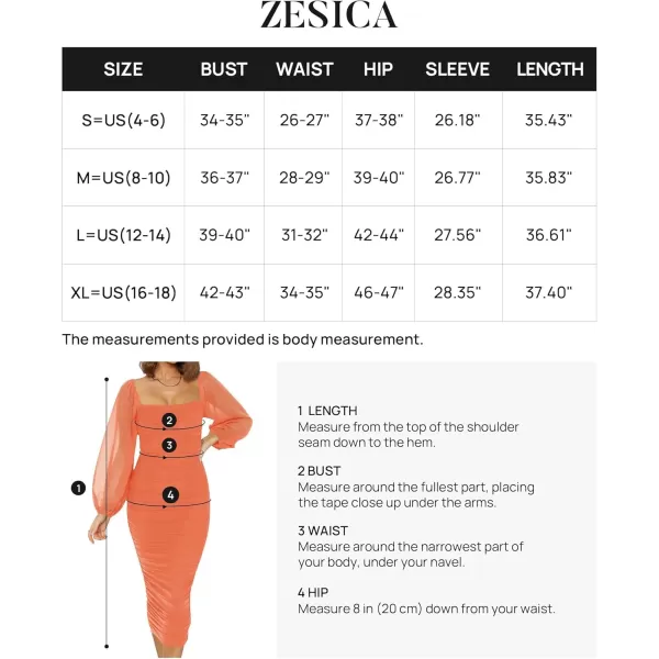 imageZESICA Womens 2024 Sexy Ruched Bodycon Midi Dress Long Puff Sleeve Square Neck Backless Cocktail Party Wedding DressesOrange