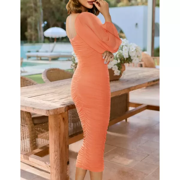 imageZESICA Womens 2024 Sexy Ruched Bodycon Midi Dress Long Puff Sleeve Square Neck Backless Cocktail Party Wedding DressesOrange