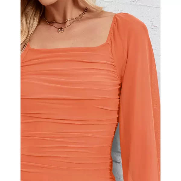 imageZESICA Womens 2024 Sexy Ruched Bodycon Midi Dress Long Puff Sleeve Square Neck Backless Cocktail Party Wedding DressesOrange