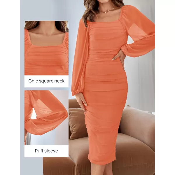 imageZESICA Womens 2024 Sexy Ruched Bodycon Midi Dress Long Puff Sleeve Square Neck Backless Cocktail Party Wedding DressesOrange
