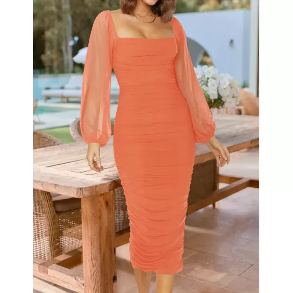 imageZESICA Womens 2024 Sexy Ruched Bodycon Midi Dress Long Puff Sleeve Square Neck Backless Cocktail Party Wedding DressesOrange