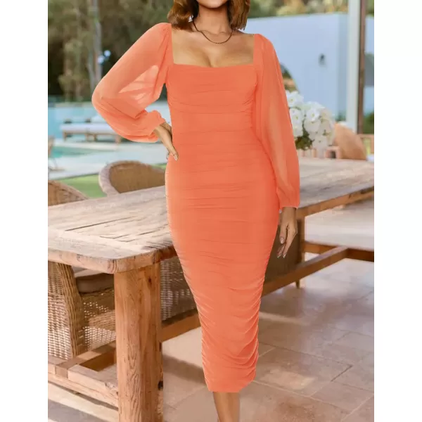 imageZESICA Womens 2024 Sexy Ruched Bodycon Midi Dress Long Puff Sleeve Square Neck Backless Cocktail Party Wedding DressesOrange