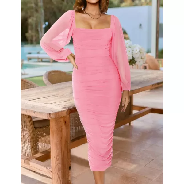 imageZESICA Womens 2024 Sexy Ruched Bodycon Midi Dress Long Puff Sleeve Square Neck Backless Cocktail Party Wedding DressesPink