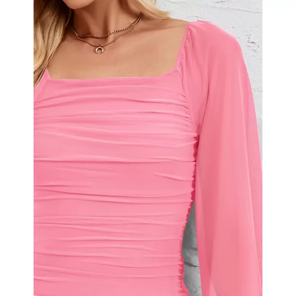 imageZESICA Womens 2024 Sexy Ruched Bodycon Midi Dress Long Puff Sleeve Square Neck Backless Cocktail Party Wedding DressesPink