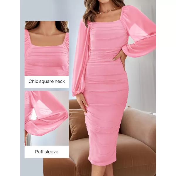imageZESICA Womens 2024 Sexy Ruched Bodycon Midi Dress Long Puff Sleeve Square Neck Backless Cocktail Party Wedding DressesPink