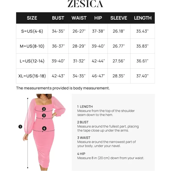 imageZESICA Womens 2024 Sexy Ruched Bodycon Midi Dress Long Puff Sleeve Square Neck Backless Cocktail Party Wedding DressesPink