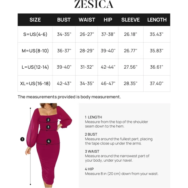 imageZESICA Womens 2024 Sexy Ruched Bodycon Midi Dress Long Puff Sleeve Square Neck Backless Cocktail Party Wedding DressesPlum