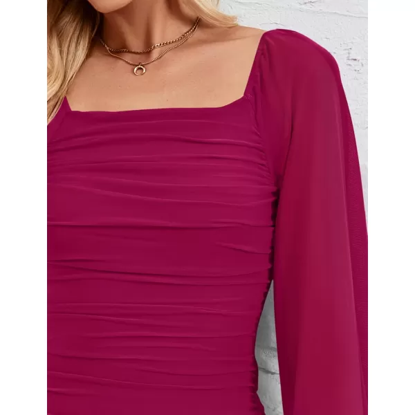 imageZESICA Womens 2024 Sexy Ruched Bodycon Midi Dress Long Puff Sleeve Square Neck Backless Cocktail Party Wedding DressesPlum